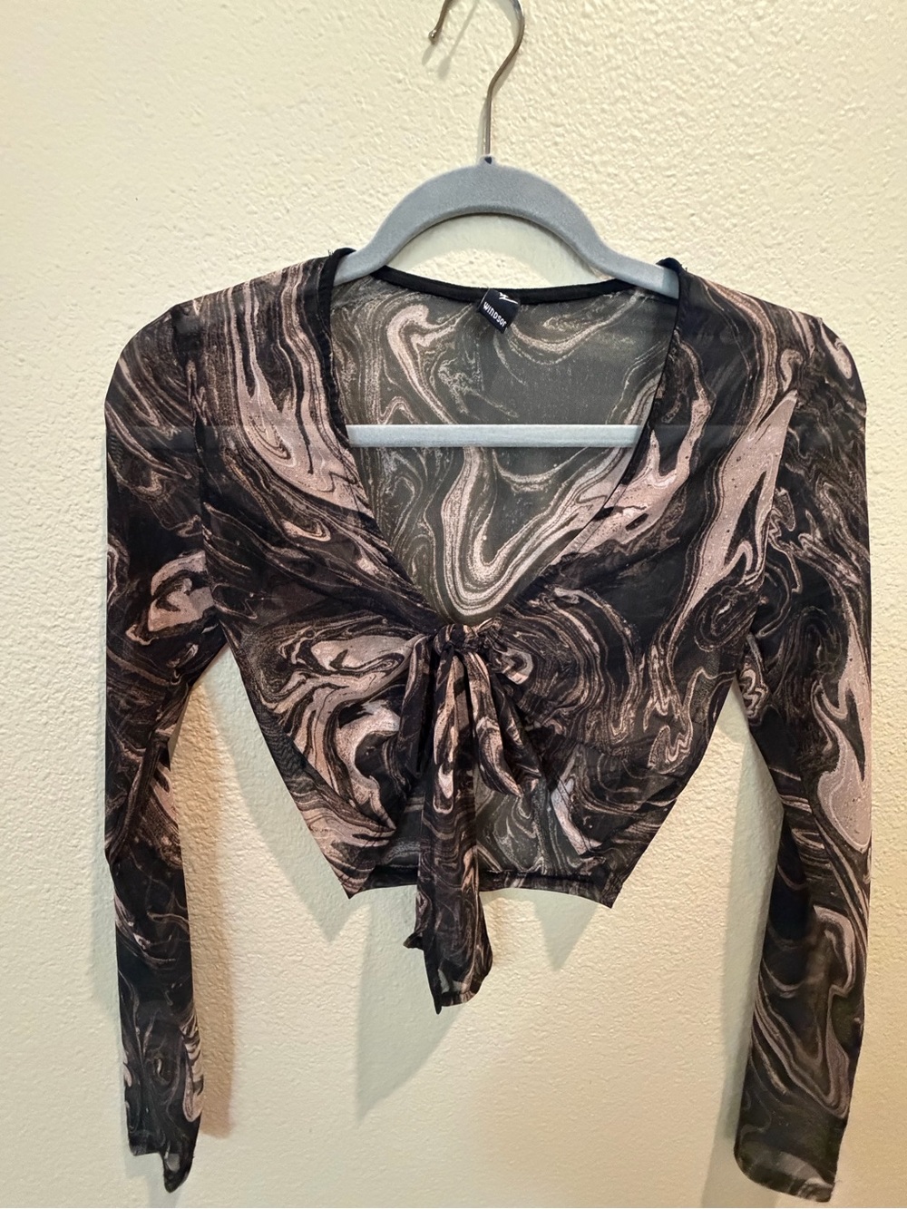 Windsor Sheer Tie-Front Swirl Crop Top - Black & Pink